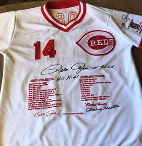 Pete Rose Collectibles, bat, ball, jersey, pictures