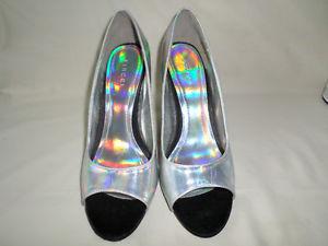 Size 6 Women shoes, VINCCI Silver Peep Toe & Black Heel,