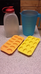 2 plastic drink jugs and 2 fun silicone ice cube trays