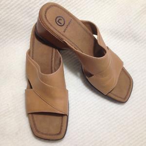 Ladies New Tan Leather Rockport Wedge Mules Size 7 1/2 M