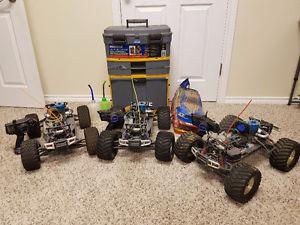 Three Nitro RC Trucks + Toolbox full of tools