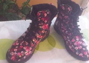 H&M Sr Girls Boots Black Pink Flowers Size 4 Eur 36