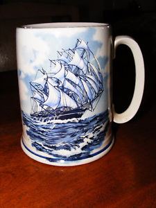 Vintage Porcelain Mug with Blue Sailing Ship