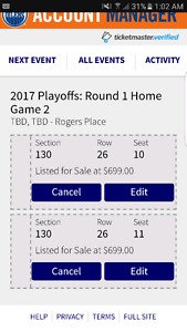 Lower bowl Oilers playoff tickets