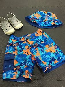 2T bathing suit and water shoes