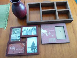 Picture frames, vase, shelf