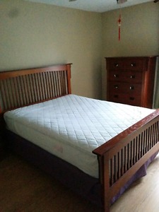 Queen size mattress, box, and wood frame