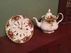 Royal Albert Old Country Roses Teapot and Wall Clock.
