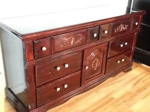Long solid wood cherry stained dresser