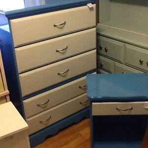 Tall blue and silver grey dresser & single bedside table