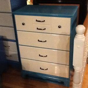 Teal & cream tall dresser w/2 bed side tables