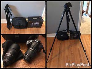 Nikon D camera, 2 lenses, bag, and tripod