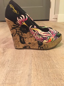 Size 6 Ed Hardy Open-Toe Black Wedge Shoes - Comfortable