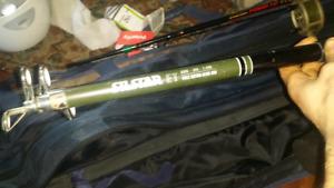 Various fishing poles and telescoping polss and carrying bag
