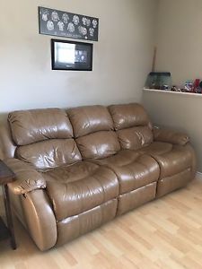 Beige Dual Recliner Leather Couch