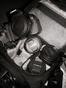 Canon T3i with three lenses and Vivitar Flash.