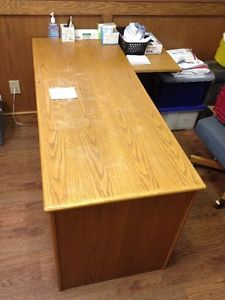 Antique wood desk incl. 3 chairs