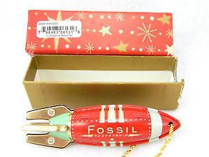 FOSSIL Brand TIN Toy RED Rocketship Christmas Ornament