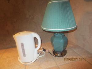 Small Green Table Lamp & Plug-In Electric Kettle