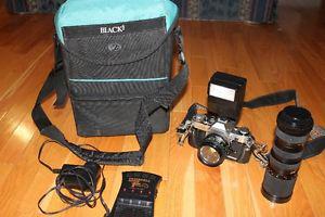VERY NICE CANON AE-1 CAMERA with 2 LENSES, with ACCESSORIES