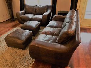Leather Couch Set- Sofa, Loveseat, 2 Ottomans