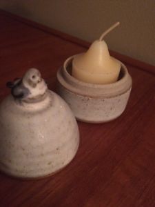 REAL POTTERY CANDLE WITH BIRD - $5 (MOM HAD FOR YEARS)