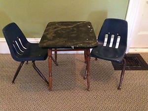 Vintage Wooden Children's Table With Two Retro Chairs