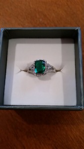 10Kt White Gold Diamond & Simulated Emerald Ring