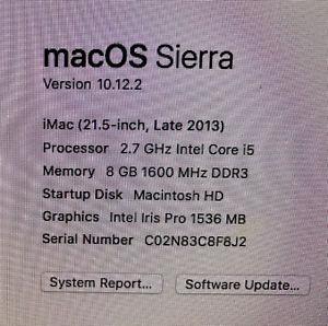 Apple iMac 21.5” Late  Computer, 2.7GFz i5, 8GB, 1TB