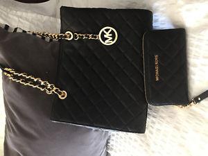NEW black leather quilted shoulder bag and wallet matching