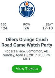 2 TICKETS - OILERS WATCH ROAD GAME PARTY - April 16th - $50