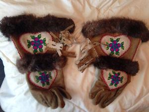 Beaded moose hide gauntlet gloves