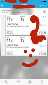 John Mayer Monday April 17 2 tickets in lower bowl section