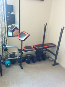 Weider bench with weights and bar and dumbells