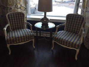 Cute pair of upholstered chairs (light yellow and blue)
