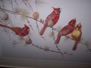 FOUR RED CARDINALS ON A BRANCH PRINT BY ANNI MOLLER.