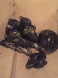 Size 10 Roller blades, helmet and wrist guards