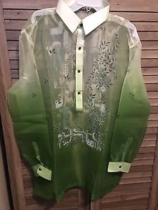 White and green floral print Barong tagalog