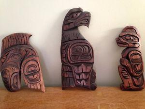 3 light wood carvings, roughly 10” x 6”