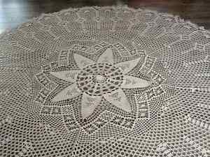 Hand Crocheted Ecru Color Tablecloth - 75 inches in diameter