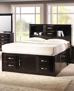 Queen Fresco large drawer bed with bookcase headboard, NEW