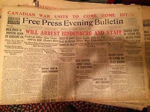 25 Original Winnipeg Free Press Bulletin Newspapers  WWI