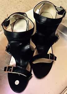 Black Leatherette Heels w Gold Accent Buckles