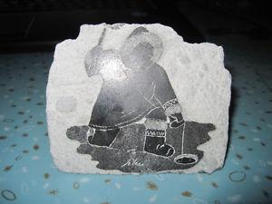 Genuine Siku Inuit 100% Soapstone Carving "Eskimo Fishing"