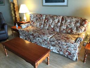 Wing chair, couch and chair, 2 end tables with lamps, coffee
