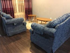 Blue Couches and Wooden Table [LIVING ROOM SET]