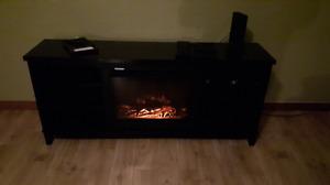 Electric fireplace and mantel with shelves on both sides