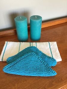 Turquoise items 2 Pillar candles, Kitchen towel & 2