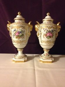 11" PAIR Antique French Porcelain Urns with Lids ~
