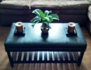 Espresso Leather and Wooden Ottoman / Coffee Table